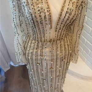 Beaded Champagne Evening Dress with V-Neck